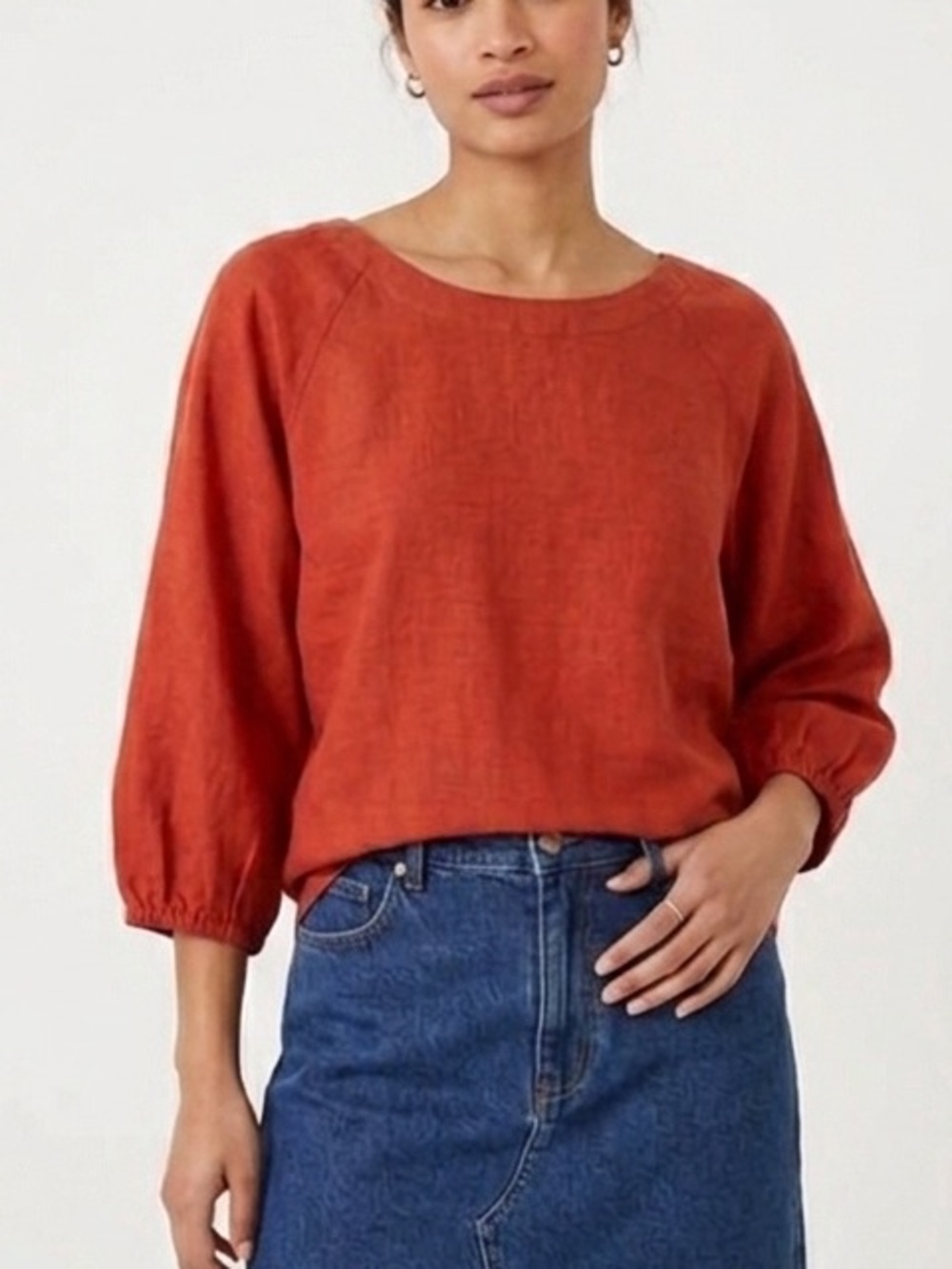 555 LOFT Fall Fashion Linen Viscose Blouse V-Back Balloon Boho Sleeve Medium